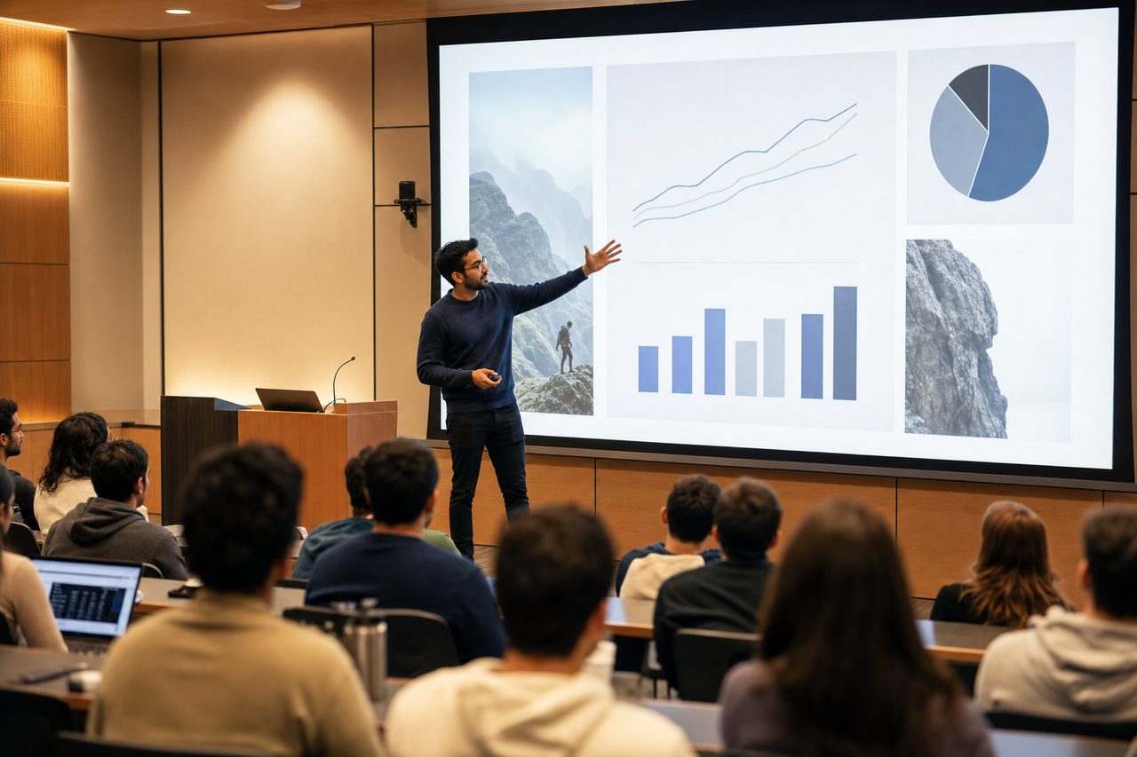 Founder presenting a pitch deck at a masterclass